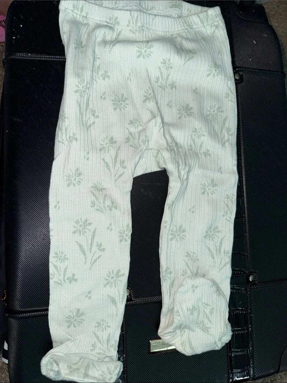 Rachel Zoe Light Green Floral Ribbed Baby Top & bottom with Matching Headband